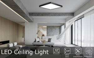 LED Flush Mount Ceiling Light Fixture with Square Black Finish, 12 Inch 24W Daylight White Flat Lighting, 3200LM 240W Equivalent for Bedroom, Bathroom, Kitchen, Hallway, .etc.