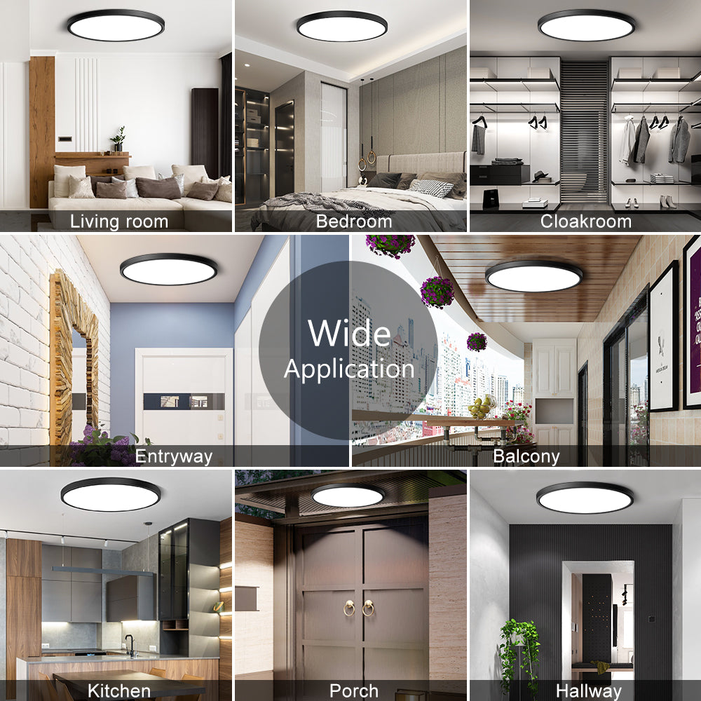 LED Ceiling Light, Black Flush Mount Fixture 12 Inch 24W Daylight White Flat Modern Ceiling Lighting, 3200LM 240W Equivalent Ceiling Lamp for Bedroom, Porch, Entryway, Kitchen, Hallway, .etc.