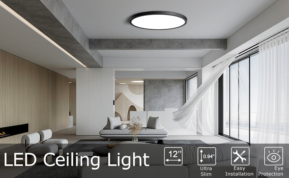 LED Ceiling Light, Black Flush Mount Fixture 12 Inch 24W Daylight White Flat Modern Ceiling Lighting, 3200LM 240W Equivalent Ceiling Lamp for Bedroom, Porch, Entryway, Kitchen, Hallway, .etc.